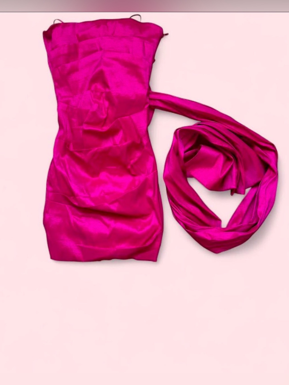 Hot Pink Satin mini Dress with Draped Sash and giant bow accent